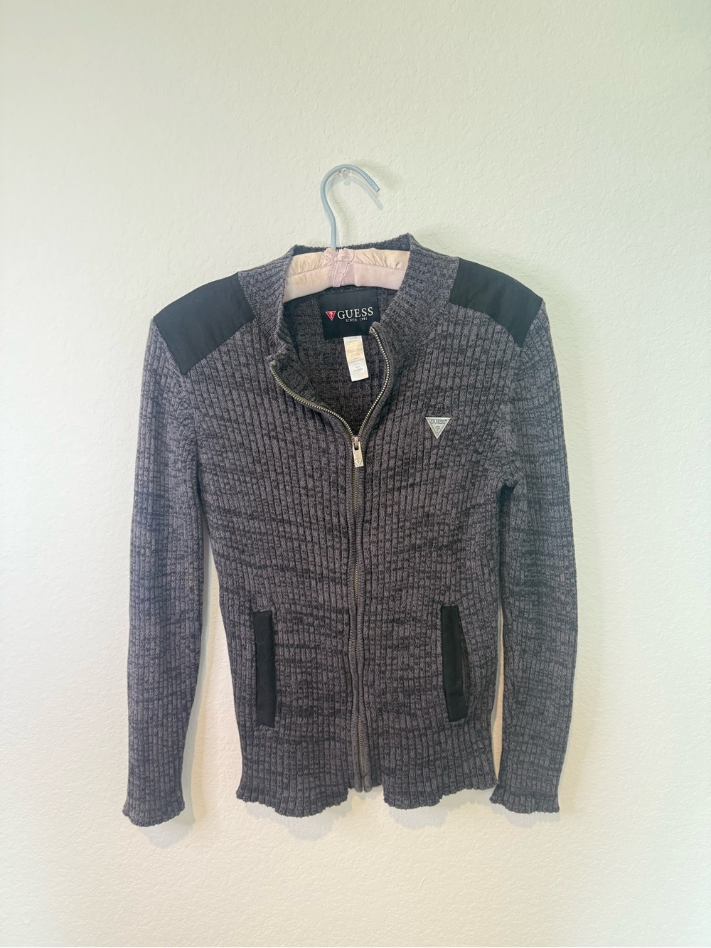 Guess Heather Gray Knit Zip Jacket with Black Accents